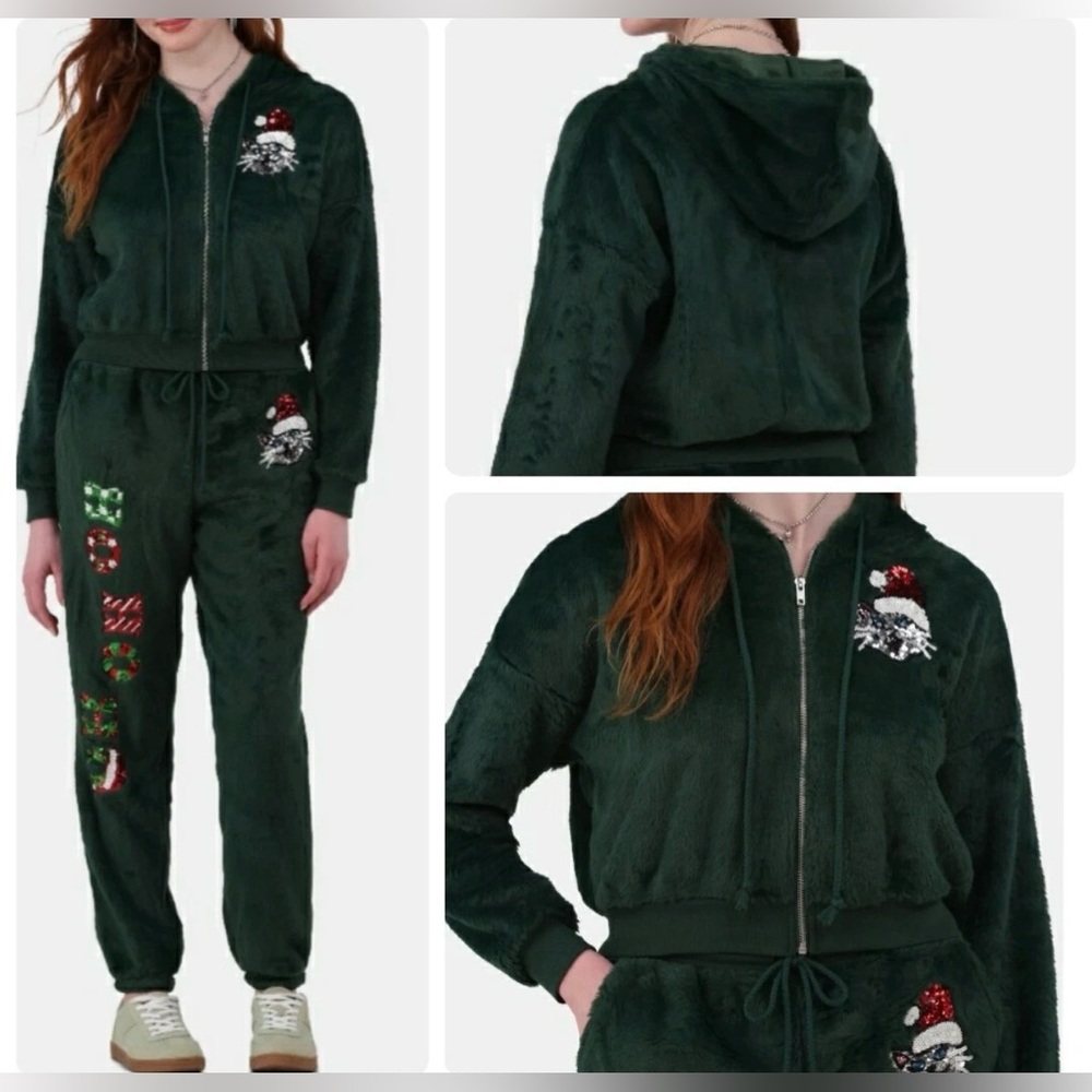 NWT No Boundaries Faux-Fur Christmas 2-Piece Cropped Hoodie & Joggers GREEN XL
